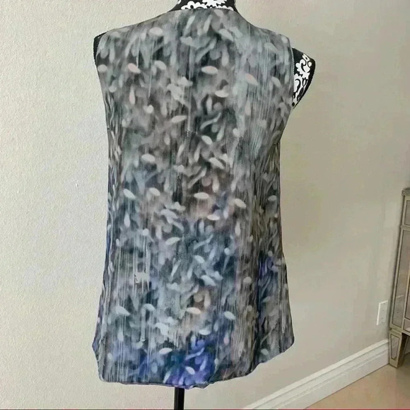 Nina Ricci silk printed blue grey watercolor sleeveless blouse top size L pleat - Picture 6 of 10